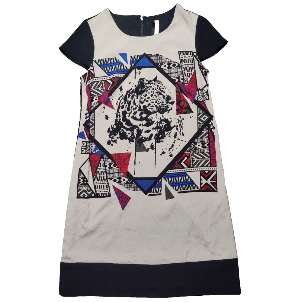 KENSIE Women Size XS Black & White Cheetah‎ Tribal Print Lined Shift Dress EUC